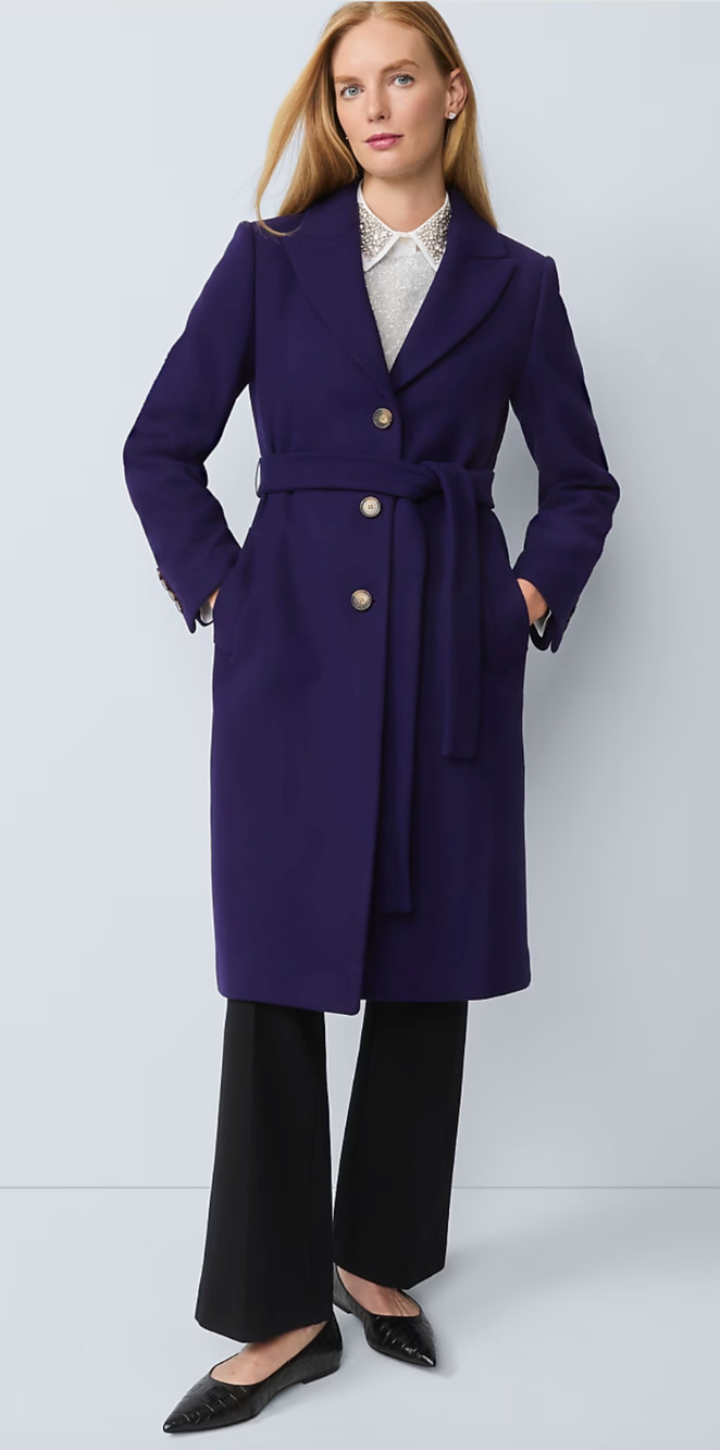 NWT ANN TAYLOR MIDNIGHT MULBERRY BELTED NOTCH COLLAR COAT SZ XSP XS PETITE